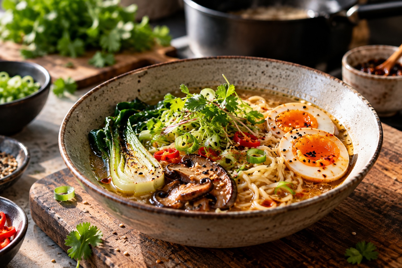 15-Minuten-Ramen mit Ei, Gemüse, Miso und Sesam